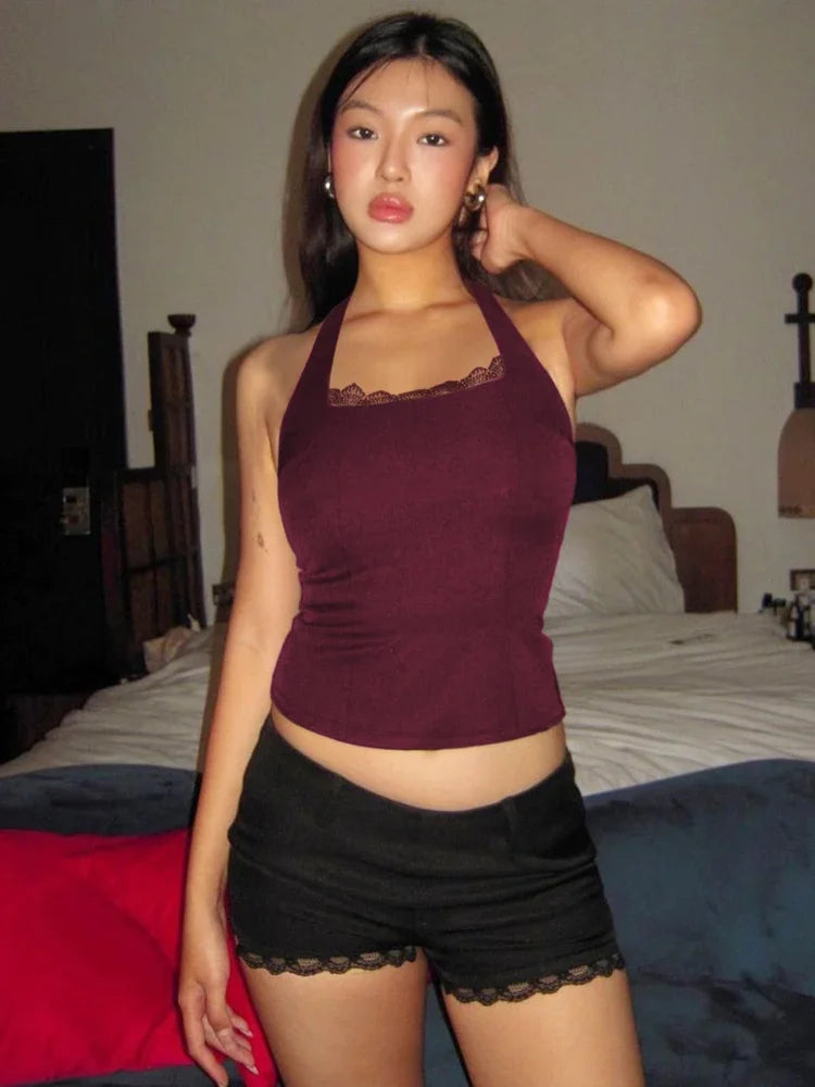 Tank Tops Womens Summer Clothes 2025 Fashion Sexy Lace Trim Square Neck Halter Crop Top Black