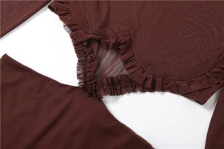 Waistless Pleated Hem Dress Women See Through Sexy Midnight Full Sleeve Coquette Clubwear Party Rave Mini Bodycon