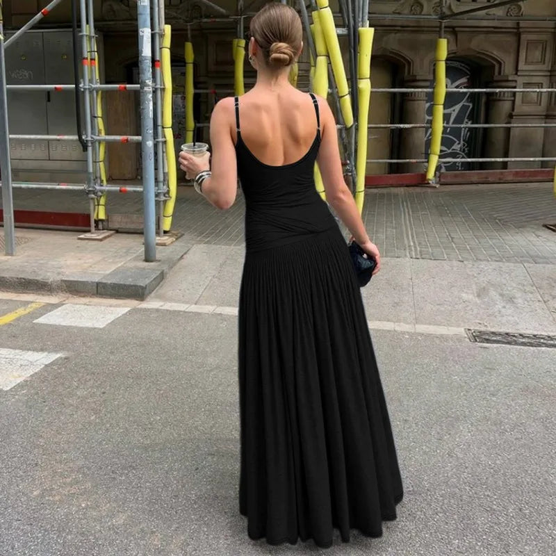 Twisted Spaghetti Strap Backless Long Dresses Summer Outfit Woman French Style Elegant Black Dress