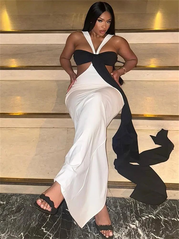 Contrast Patchwork Maxi Dress Women Irregular Off Shoulder Sleeveless Long Ribbon Midnight Club Party Long Bodycon