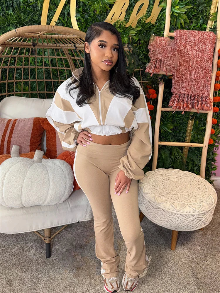 Contrast Patchwork Tracksuit 2 Piece Set Women Zipper Cardigan Jacket+Skinny Pants Casual Fashion Simple Sporty Suit