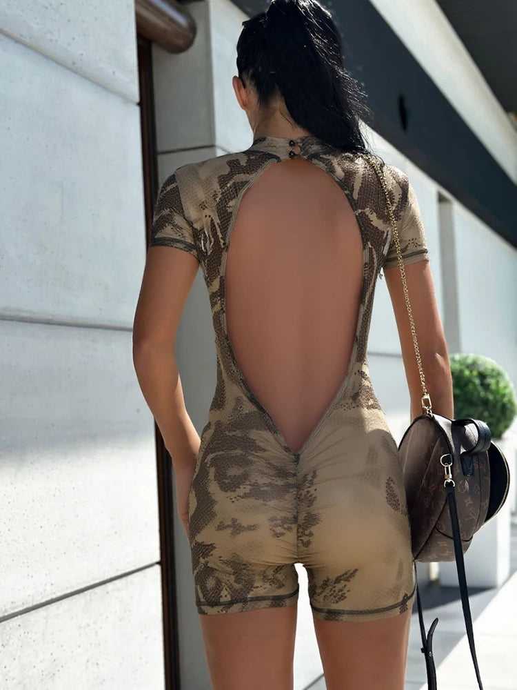 Backless Playsuit Women See Through Shorts Sleeve Peach Buttocks Summer Trend Aesthetic Print Midnight Club Romper