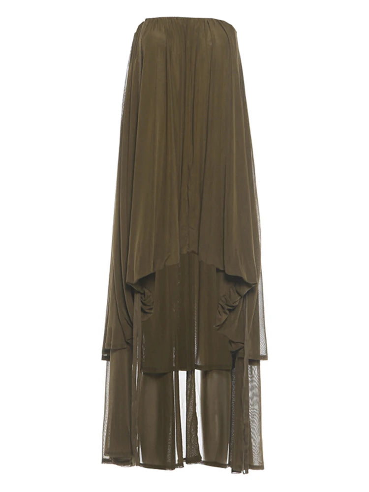 Irregular Hem Dress Women Chest Wrap Folds Drawstring Tassel Sleeveless Solid Summer Fashion High Street Sexy Bodycon