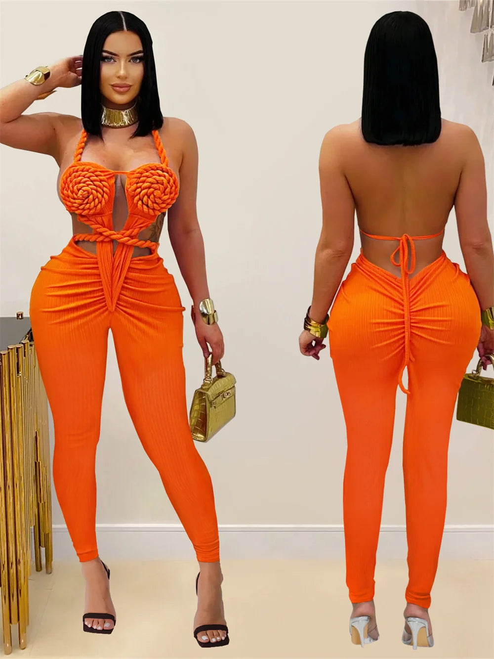 Peach Buttocks Backless Jumpsuit Women Plait Sexy Hollow Halter Bandage Ruched Y2K Party Club Street Workout Overalls