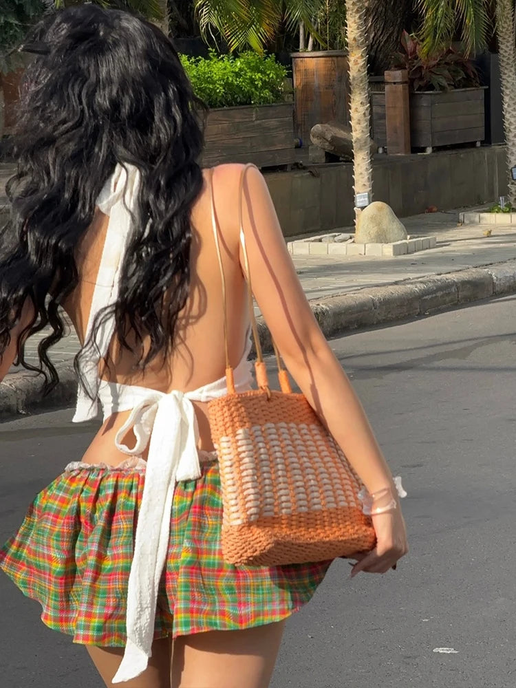 Street 2-Piece Set Women Backless Halter Lace-Up Chic Sexy Tank Tops+Colorful Patchwork Puffy Skirt Matching Suits