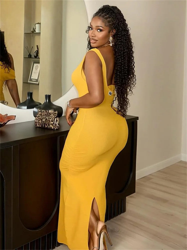 Ruched Elegant Maxi Dress Women Lace-Up Halter Skew Collar Backless Sleeveless Gown Midnight Prom Party Long Bodycon