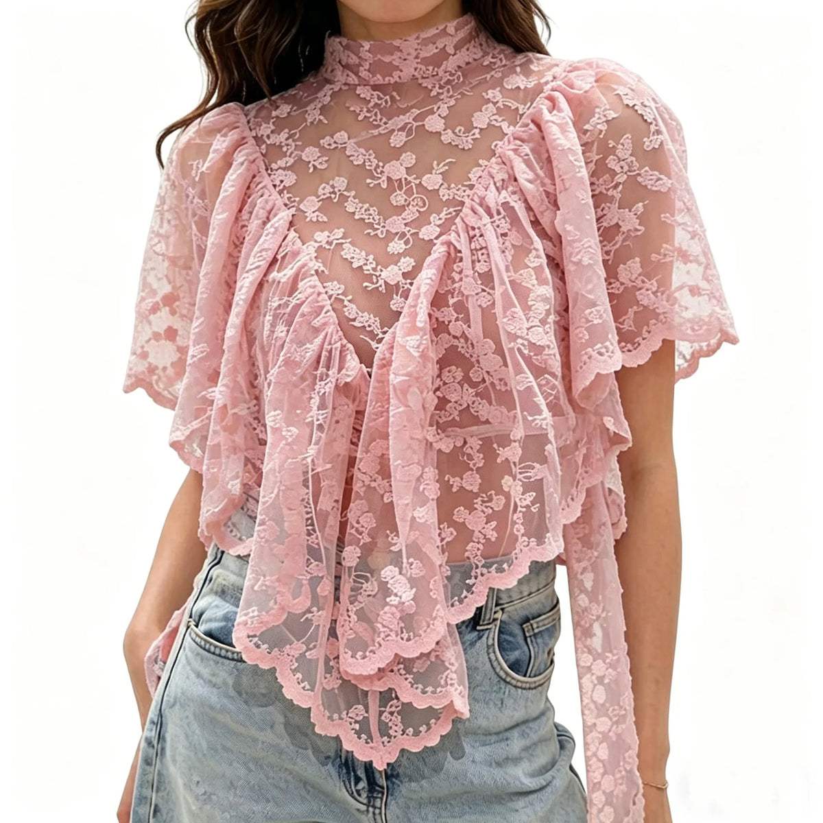 Y2K Fairy Mesh See Through Casual High Neck Looseshawls Women Floral Lace Embroidery Shawl Tops Asymmetrical Streetwear