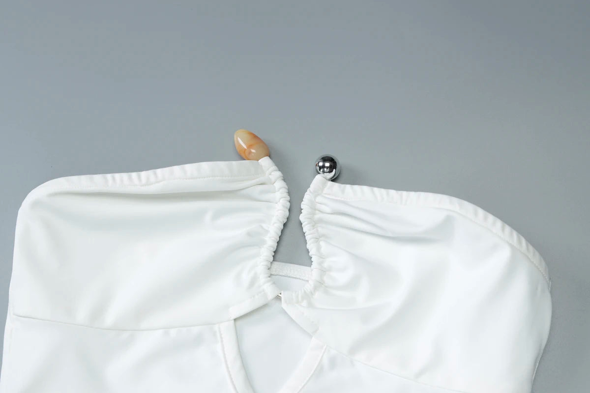 Irregular Hollow Strapless Dress Women Metal Rings Patchwork Waistless Vacation Beach Party Ruched Elegant Vestidos