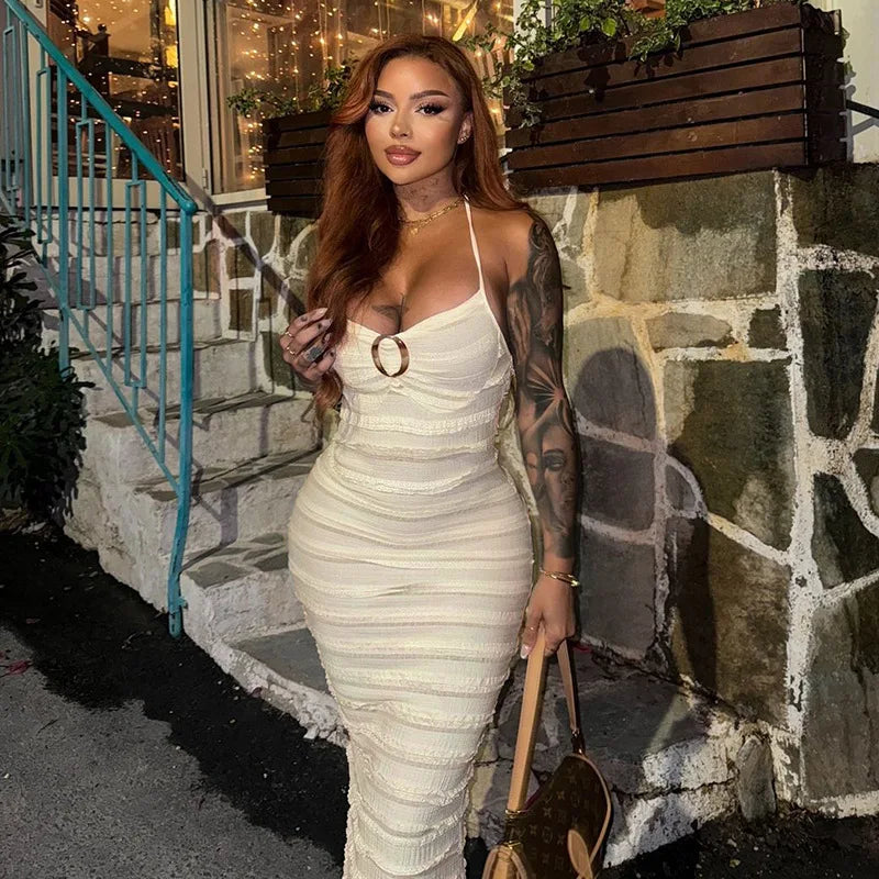 Halter Backless Frilly Long Dresses Vacation Outfits Woman Elegant Sexy Beach Dress Boho Chic Clothes 2025