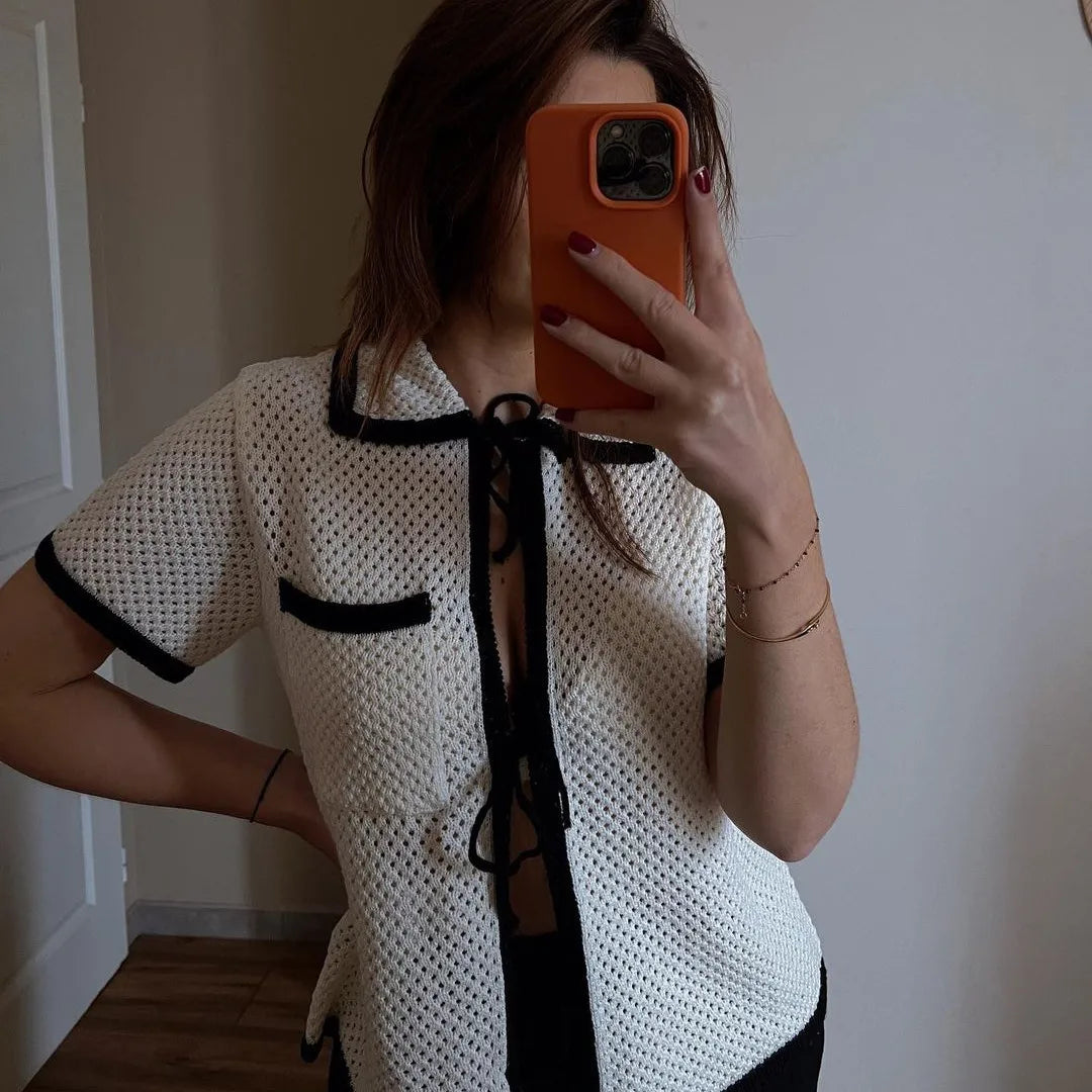 Women Basic Knit Tops Casual Tie Front Cardigan Contrast Color Summer Short Sleeve T-Shirts Streetwear Aesthetic Clothes