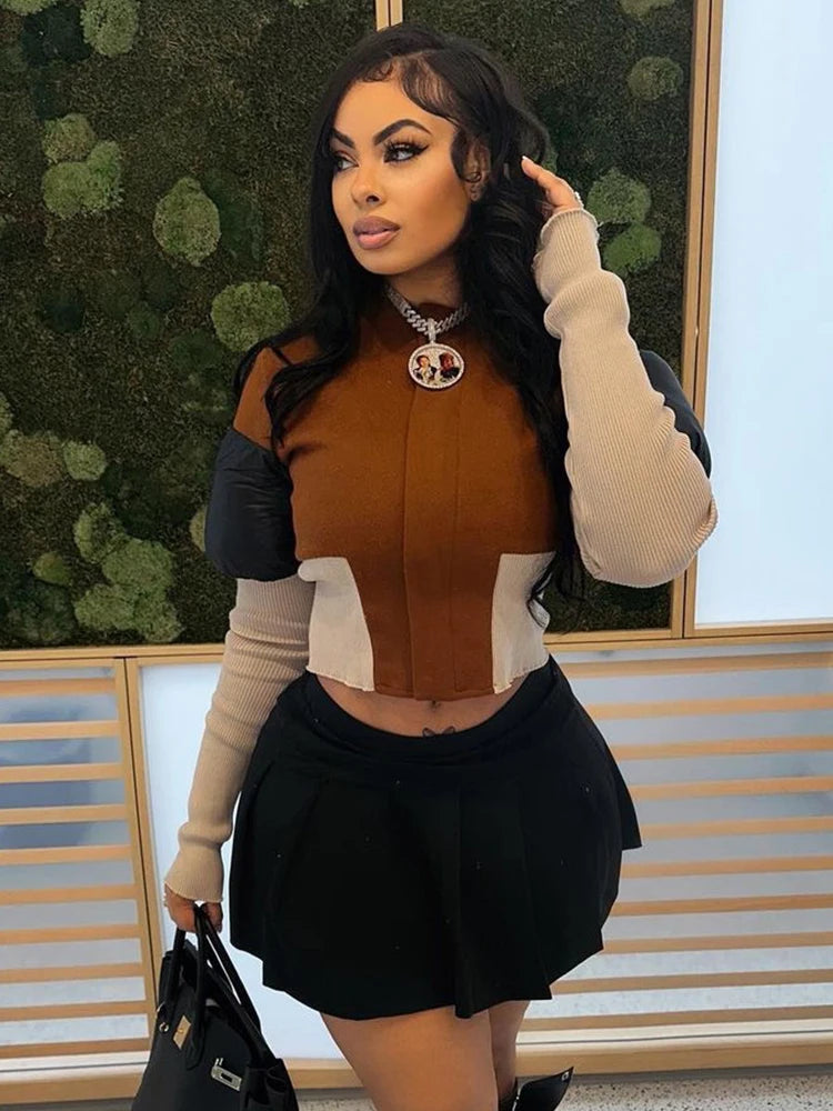 Contrast Patchwork Jacket Women Chic Zip Hipster Winter Trend full Sleeve Coat Wild Streetwear Casual Jersey Outwear