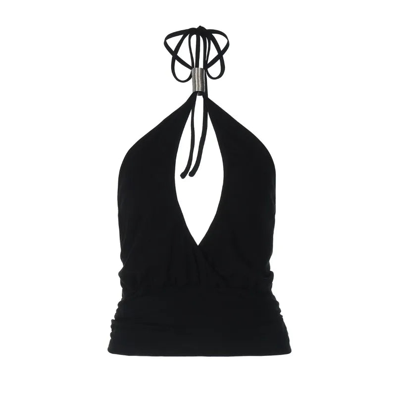 Hardwear Detail Hollow Backless Halter Top Black Tanks & Camis Sexy Summer Deep V Neck Crop Tops Woman
