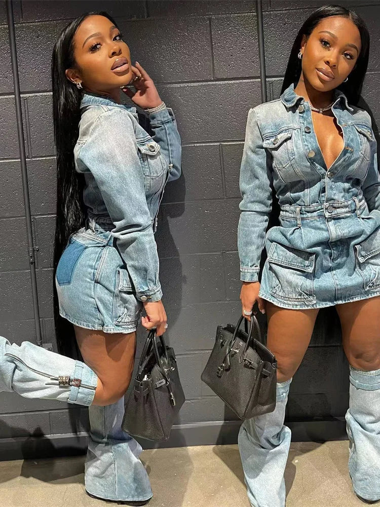 Denim 2Piece Set Women Patchwork Single-Breasted Dress+Zip Metal Trim Leg Sleeve Hottie Trend Street Vintage Outfits