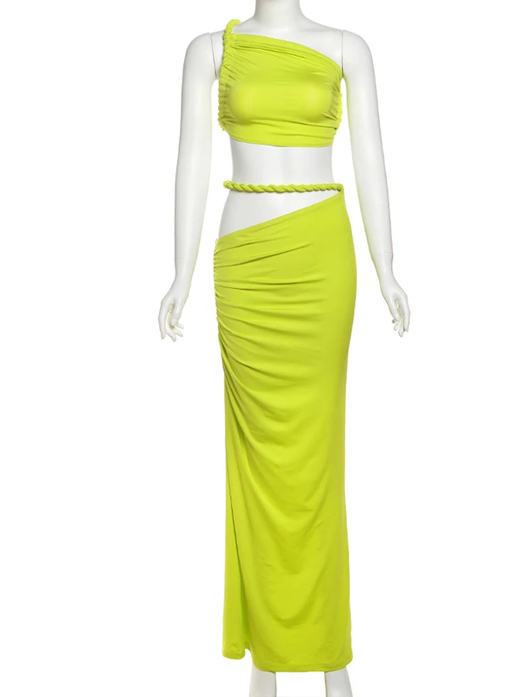 Summer Trend 2 Piece Set Women Irregular Skew Collar Bandage Backless Tops+Ruched Skirts Beach Vacation Elegant Suit