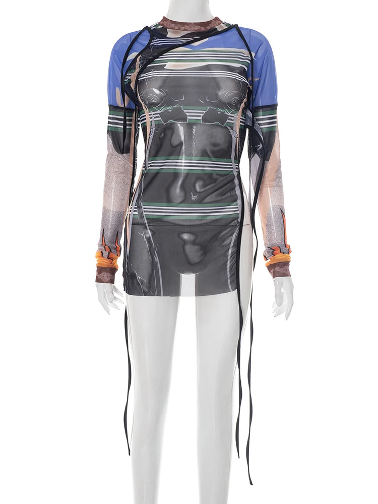 Sexy Irregular t-Shirts Women See Through Full Sleeve Split Ribbon Coquette Midnight Clubwear Wild Stretch Long Tees