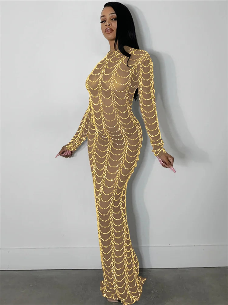 Mesh See Through Long Dress Women Rhinestones Decoration Full Sleeve Skinny Wrap Hip Midnight Sexy Coquette Vestidos