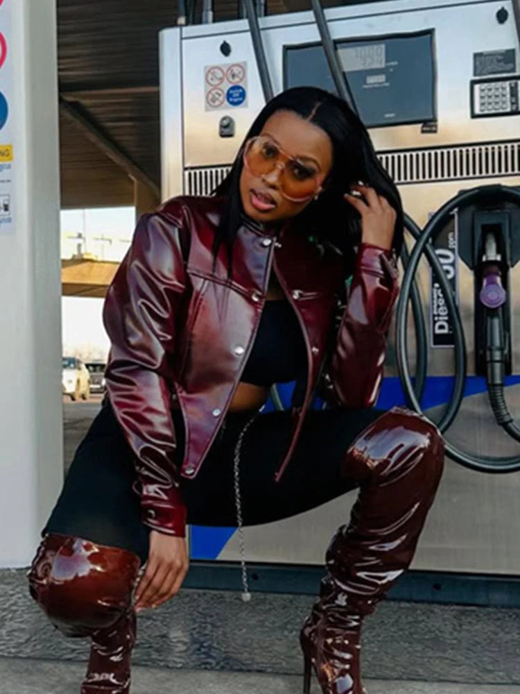 Irregular PU Jacket Women Sexy Stand Collar Magnetic Snap Button Chic Waistless Street Clubwear Hipster Autumn Coat