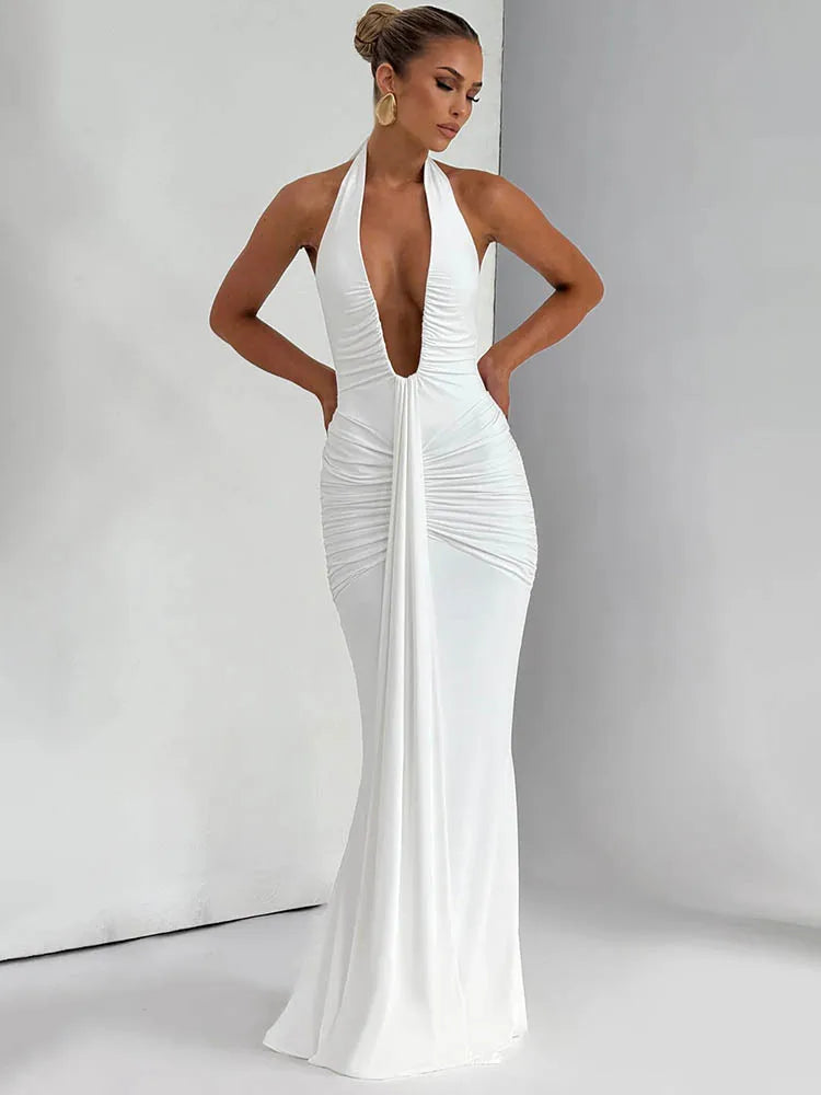 Deep V Neck Draped Ruched Sexy Maxi Dress Women Summer Fashion Halter Sleeveless Backless Club Party Long Dress Elegant