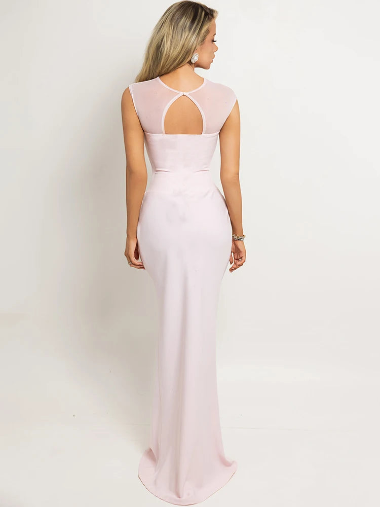 Women Mermaid Evening Maxi Dress Sheer Mesh Cap Sleeve Ruched Bodycon Formal Prom Gown Wedding Guest Party Dress