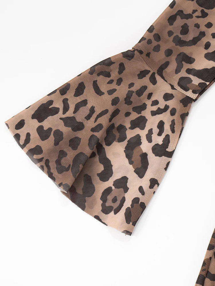 Leopard Print Flared Jumpsuit Women Sexy See Through o-Neck Full Sleeve Skinny Peach Hip Street Wild Style Overalls
