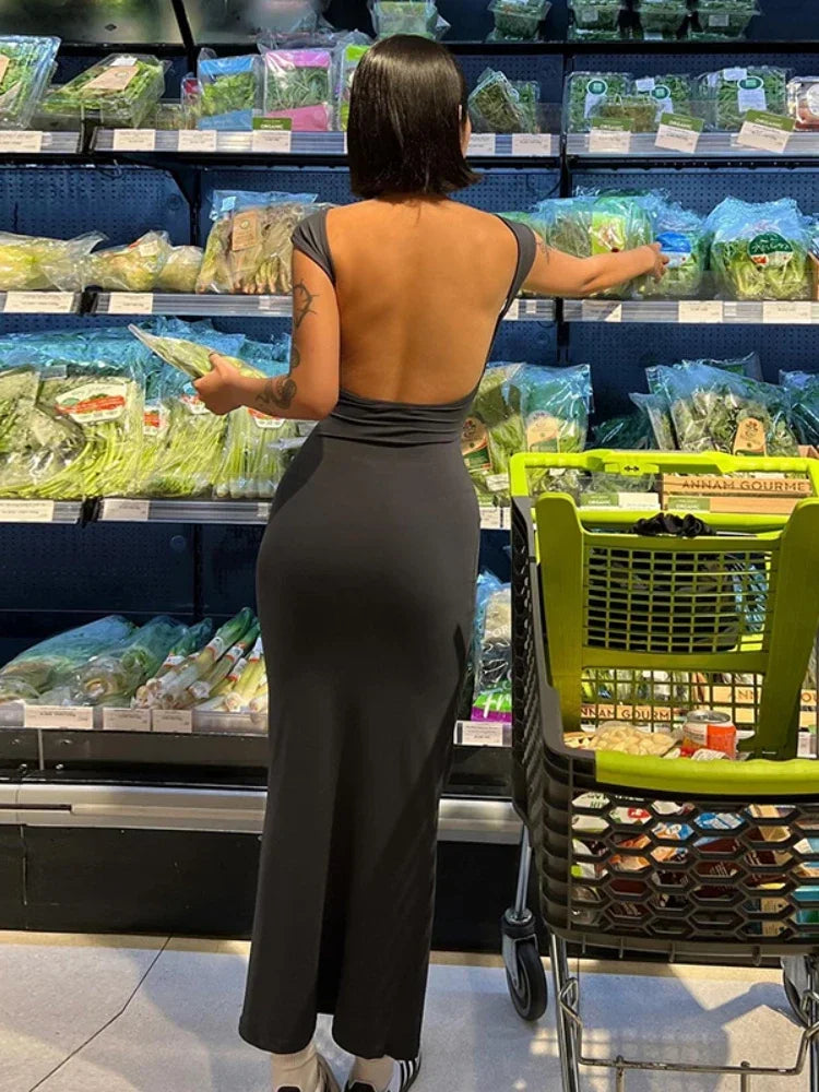 Short Sleeve Backless Long Dresses Sexy Outfits for Women Clothes Basics Casual Bodycon Grey Black Dress