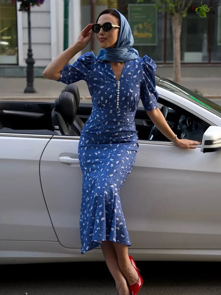 French Style Retro Floral Dress Button V Neck Short Sleeve Long Dresses for Woman Elegant