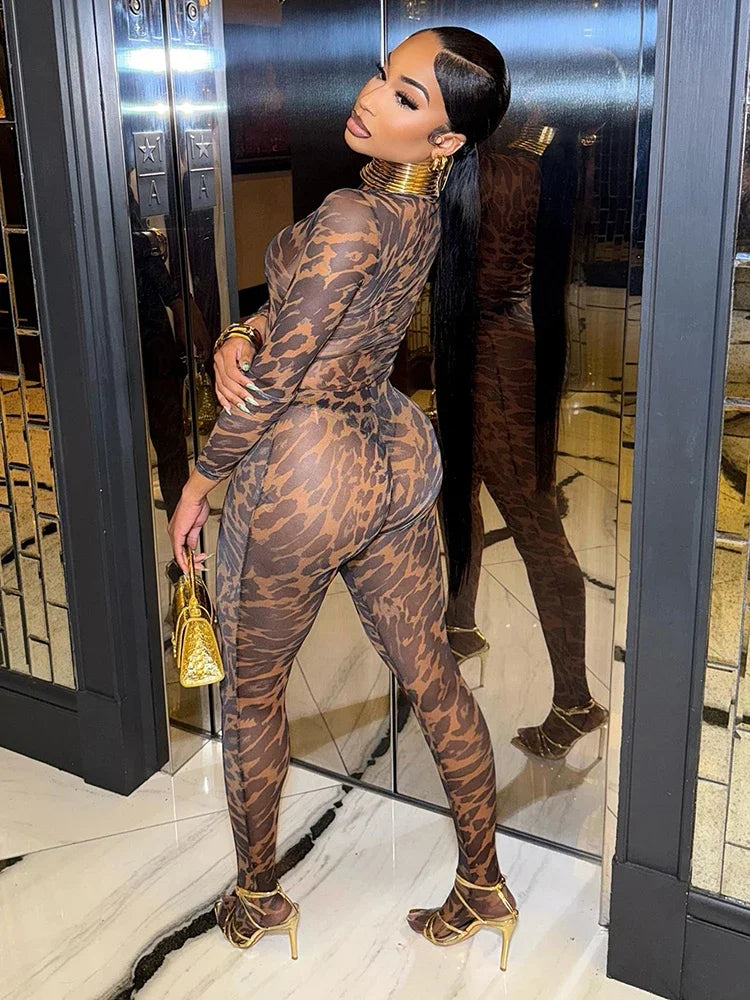 Leopard Print Sexy Mesh 2 Piece Set Women Turtleneck Full Sleeve Bodysuit+Skinny Peach Hip Long Pants Wild Style Suit
