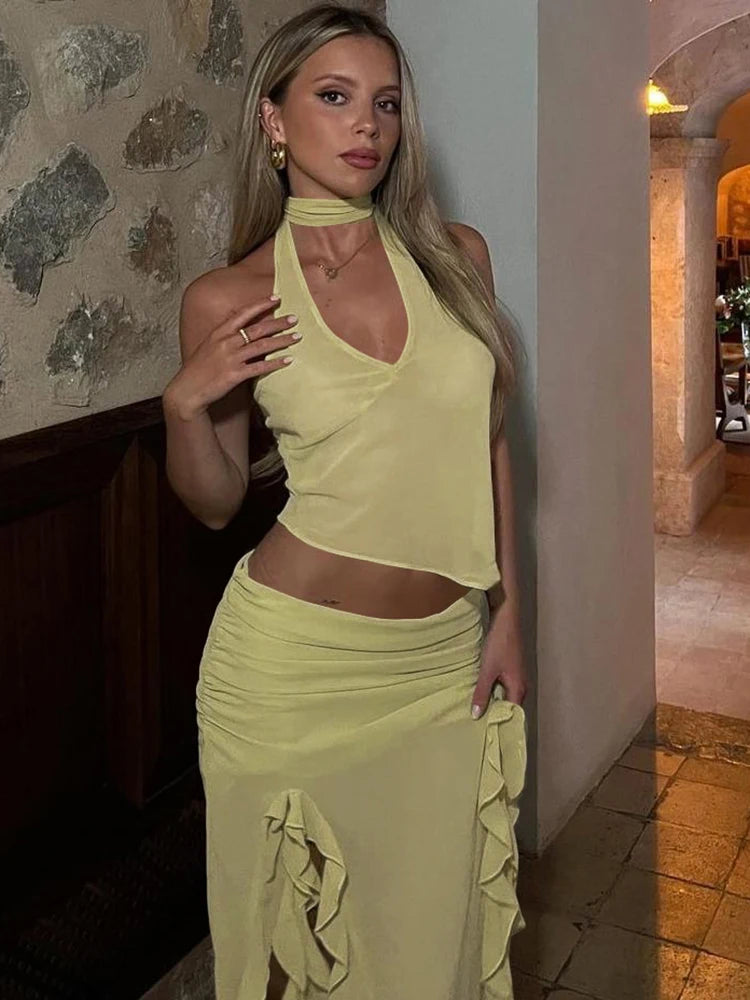 Sexy Fashion 2 Piece Set Women Halter Low-Neck Backless Tank Tops+Ruffles Tassel Splits Hem Skirts Wild Style Outfits