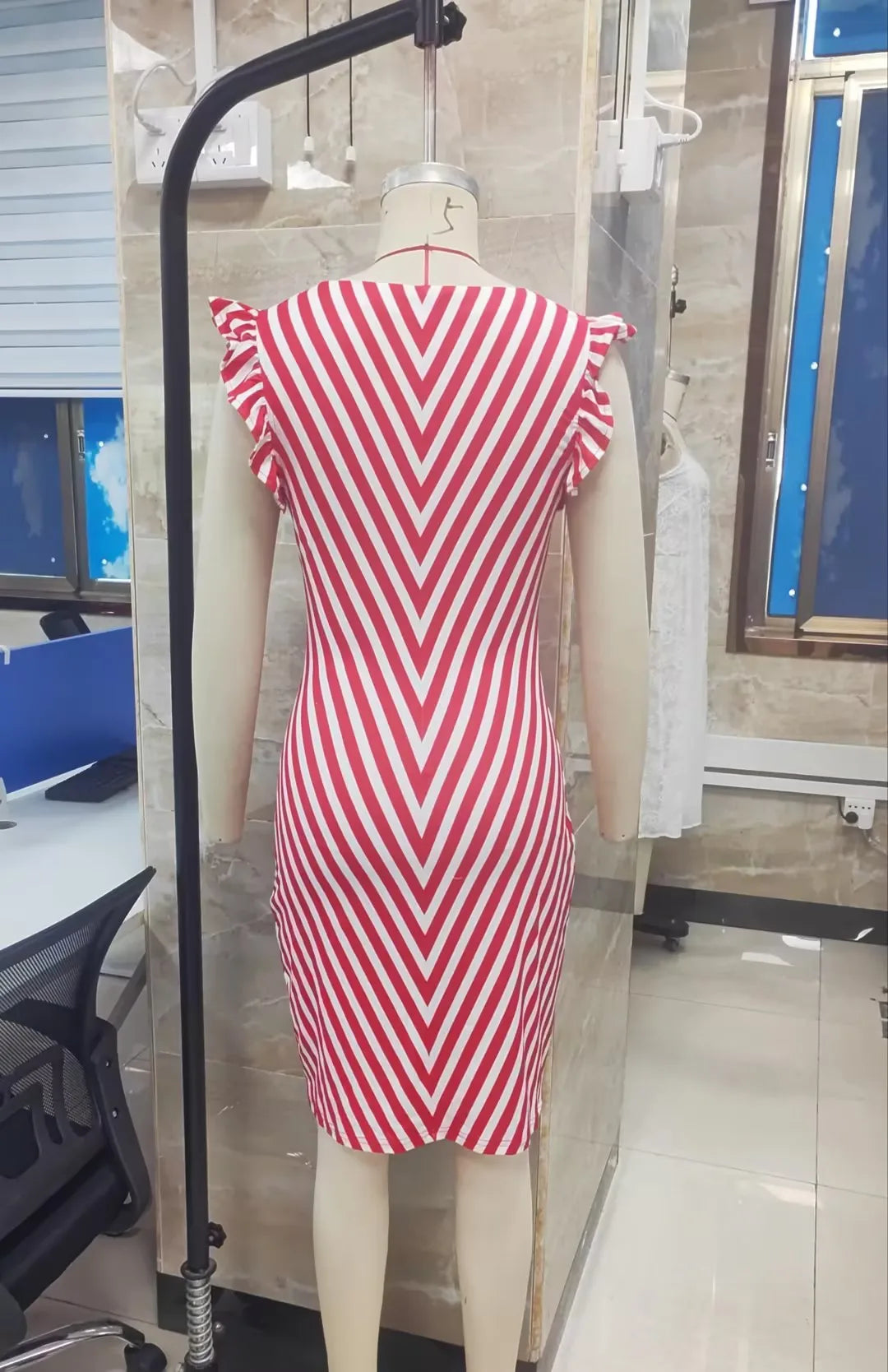 Womens Striped Midi Bodycon Dress Deep V Neck Ruffle Sleeve Red White Chevron Print Slim Fit Side Split Party Dress