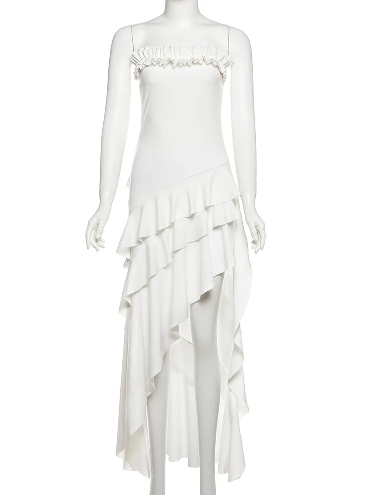 Y2K Tierred Maxi Dress Women Chic Summer Trend Irregular Split Hem Wrap Elegant Beach Club Party Vacation Vestidos