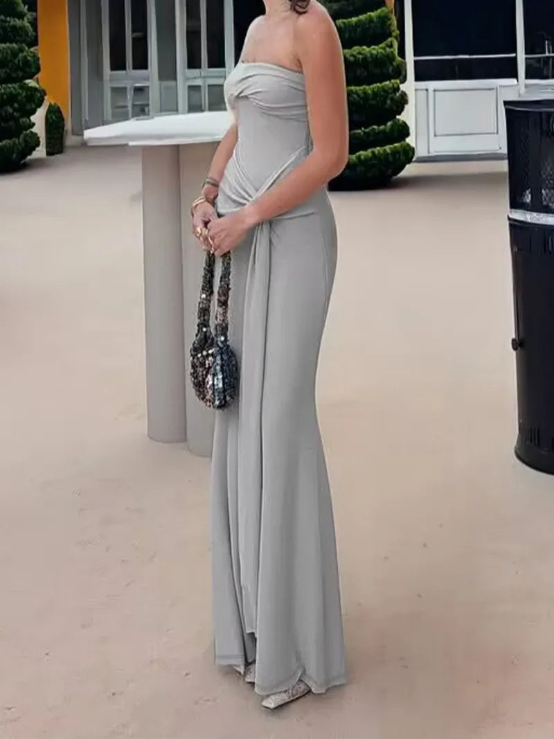Solid Twisted Draped Strapless Backless Long Dresses Elegant Holiday Summer Dress Woman 2025