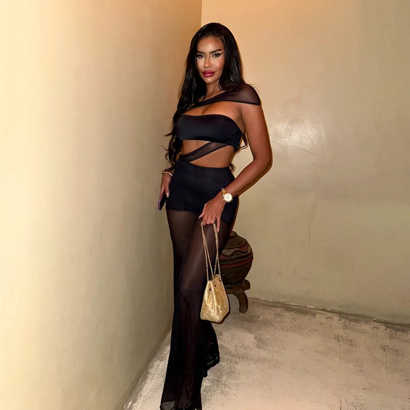 See Through Mesh Patchwork Black Cut Out Wide Leg Jumpsuits Sexy Party Club Outfits Woman One Piece Jumpsuit