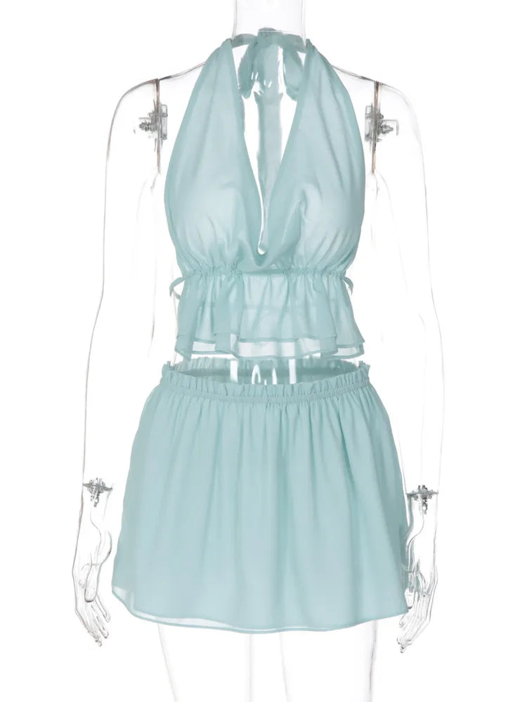 Light Blue Sexy Two Piece Set Women Halter Crop Top And Mini Skirt Sets Female Elegant Beach Club Party Dress Set