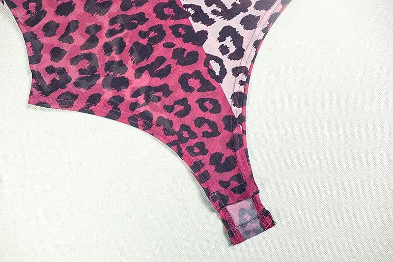 See Through Women 2 Piece Set Sexy Rave Leopard Print Bodysuit+Leggings Body Shaping Tight Matching Activity Clubwear