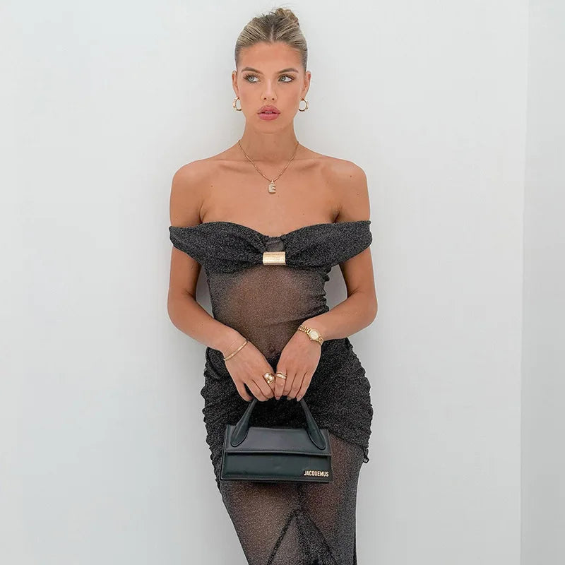 See-through Mesh Glitter Sexy Party Dresses Woman 2025 Summer Off Shoulder Draped Ruffled Long Dresses