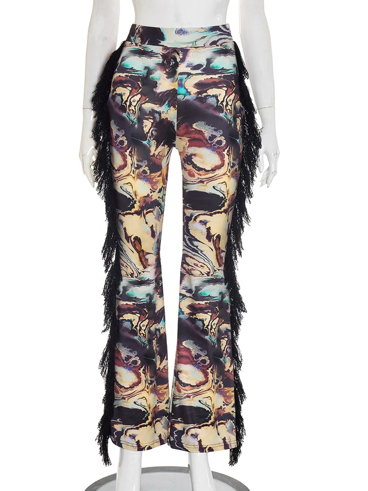Side Tassel Flare Pants Women Patchwork Autumn Trend Colorful Print Sexy Wild Slim Street Skinny Clubwear Trousers