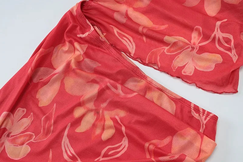 Red Floral Dress Beach Woman Summer Vacation Outfits Deep V Cutout Backless Split Long Dresses Elegant Sexy