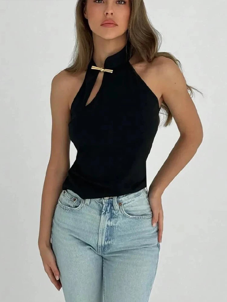 Metal Buckle Tank Tops Women Summer Trend Y2K Daily Basic Classic Hollow Streetwaer Stretch Chic Solid Simple Vest