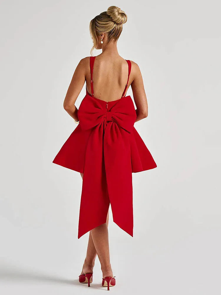 Backless Bow Sexy Mini Dress Women Fashion Elegant Spaghetti Strap Sleeveless High Waist A-line Club Party Dress New