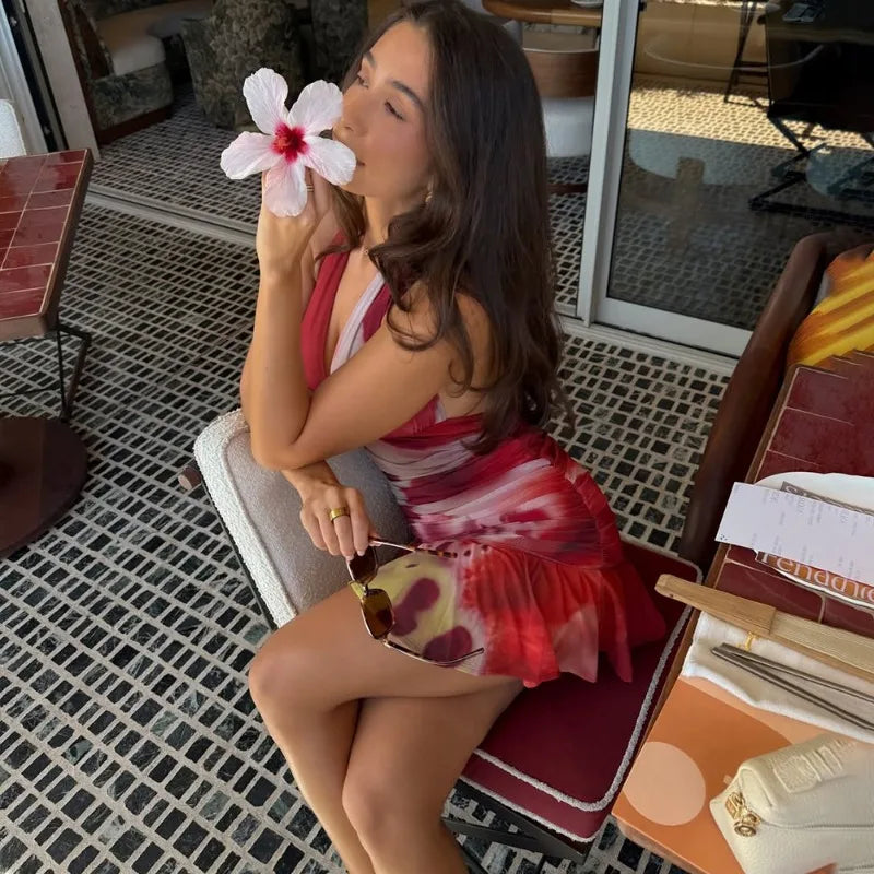 Floral Print Mesh Halter Mini Dress Woman Fashion 2026 Summer Dresses