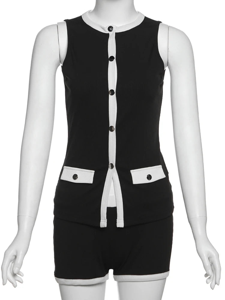Classic 2 Piece Set Women Single-Breasted Sleeveless Tops+Stretch Shorts Daily Casual Trend Ribbed Patchwork Outfits