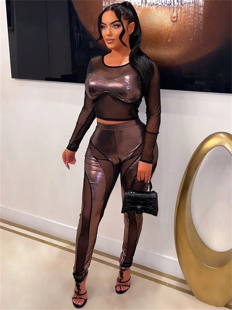 Bronzing Smooth Fashion Long Pants Women Elastic Waist Irregular Mesh Patchwork Sexy Skinny Peach Hip HIpster Bottoms