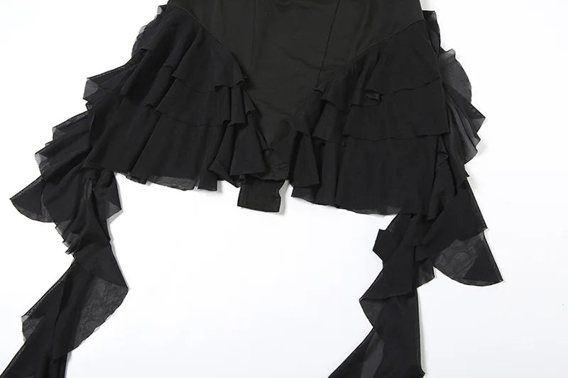 Sexy Black Jumpsuits Street Wear Rave Outfits Deep V Mesh Ruffle Fringe Rompers Woman Summer Clothes