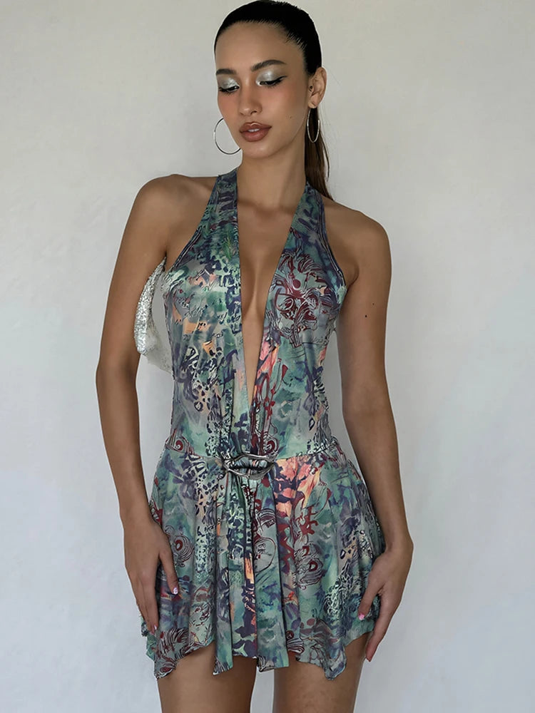 Fashion Print Mini Dress Women Halter Deep V-Neck Sexy Backless Ruched Ruffles Hem Vacation Trend Beach Party Outfits