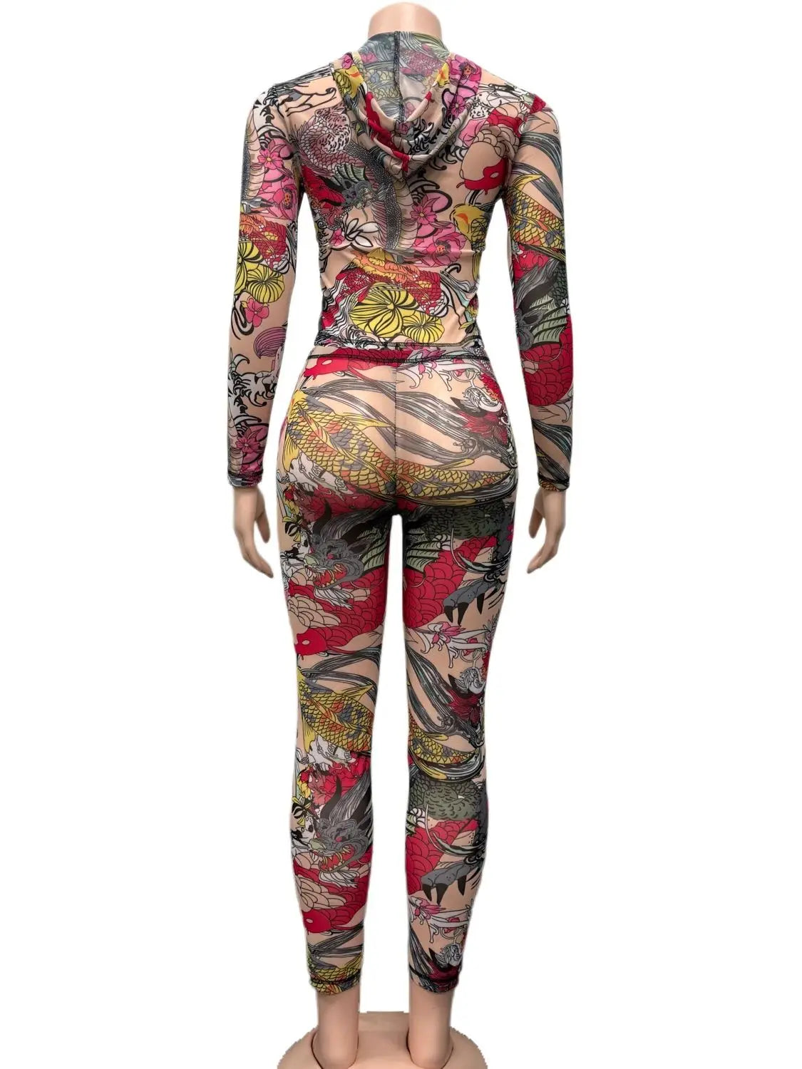Colorful Print Women 2 Piece Set See Through Hooded Crop Jacket+Leggings Sexy Hipster Matching Midnight Clubwear Suit