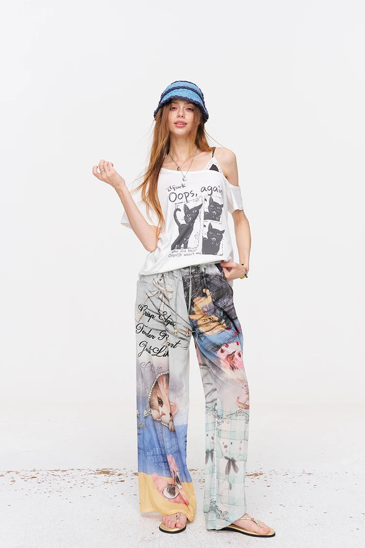 Cat Print Asymmetric T-Shirt, Letter Graphic Layered Tee, Short Sleeve Casual Top for Women