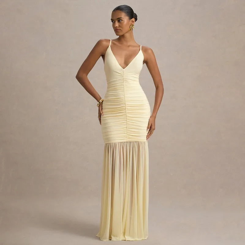Deep V Neck Sleeveless Backless Pleated Long Dresses See Through Mesh Patchwork Elegant Party Dresses