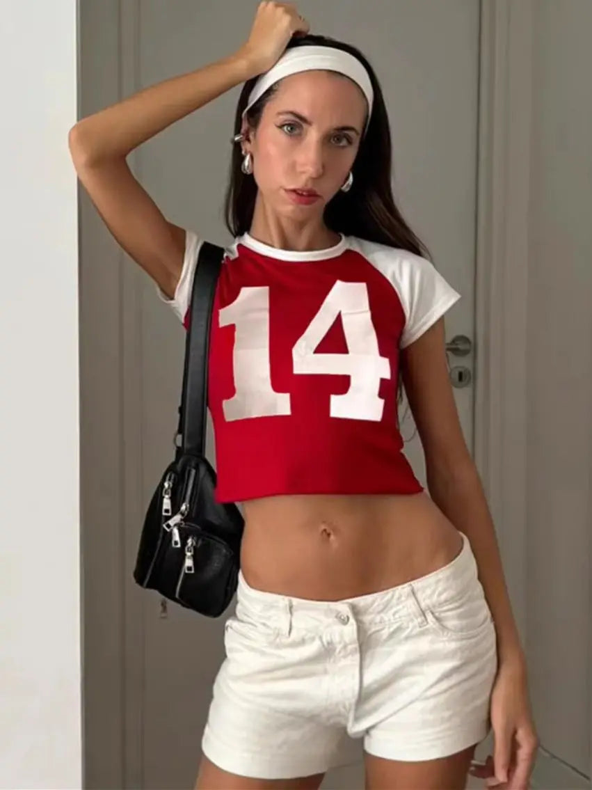 Basic Crop Tops Women Daily Digital Print Color-Block shorts Sleeve Summer Trend Stretch Casual Streetwear T-Shirt