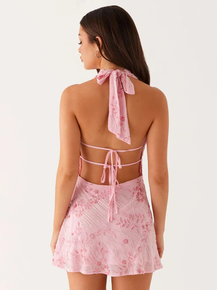 Sequins Print Sexy Mini Dress Women Pink Fashion Halter Deep V Neck Sleeveless Backless Lace-up Sparkle Club Dress