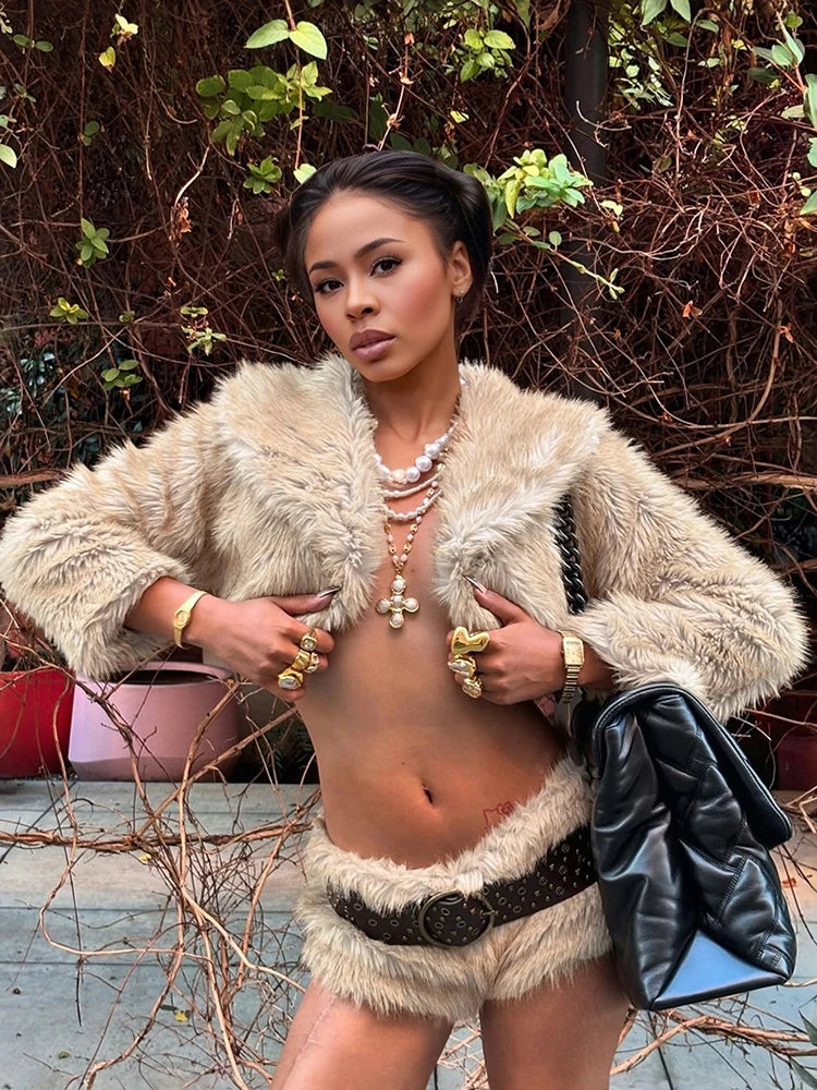 Sexy Furry Crop Jacket Women Basic Autumn Trend Button Lapel Full Sleeve Hottie Simple Wild Streetwear Clubwear Coat